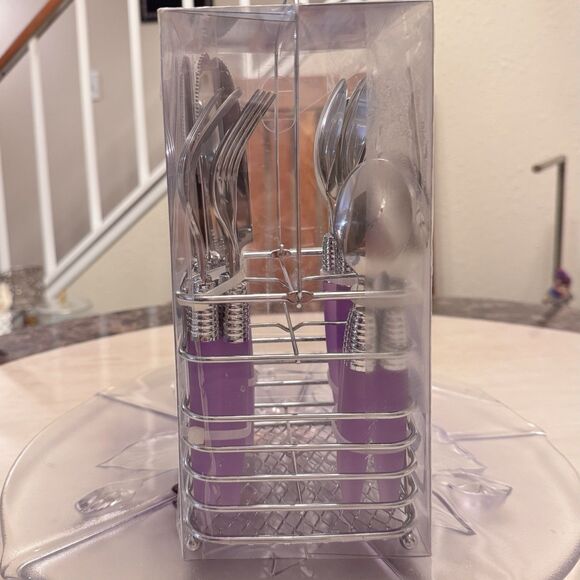 Cambridge Casuals Stainless Flatware Set 16pc Purple Plastic Handle w/Caddy For4 - Picture 7 of 8